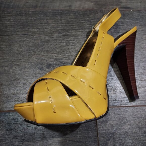 Chinese Laundry Yellow Patent Leather Slingback Brown Heels Pickstitch Size 7 - Picture 10 of 12